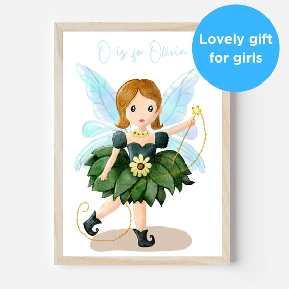 Flower fairy elf pixie personalised unframed nursery art print for girls bedroom