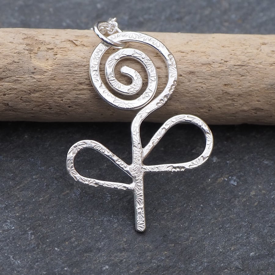 Silver spiral flower pendant, handmade flower necklace