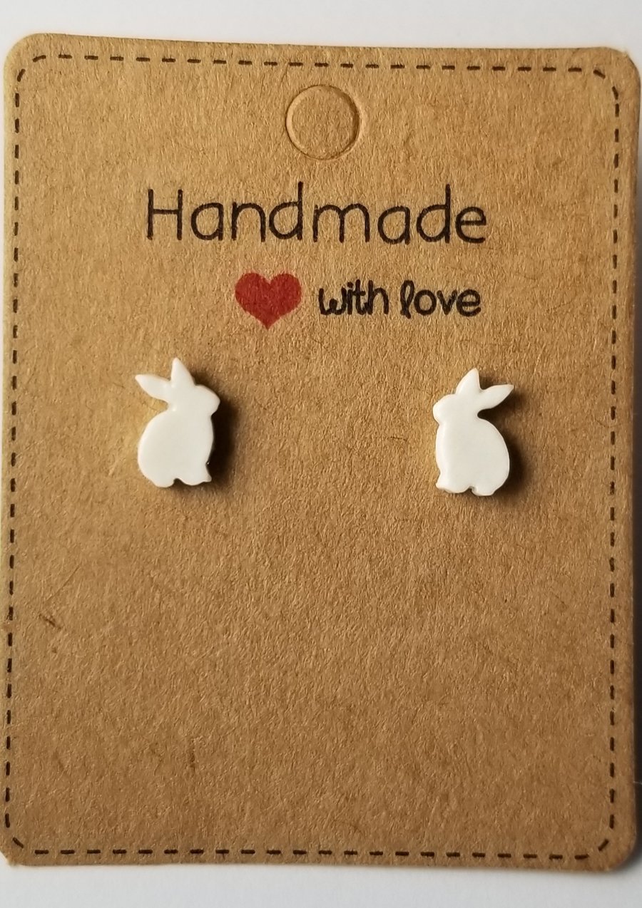 Earrings Rabbit White Stud Ceramic Sterling Silver Free UK Postage