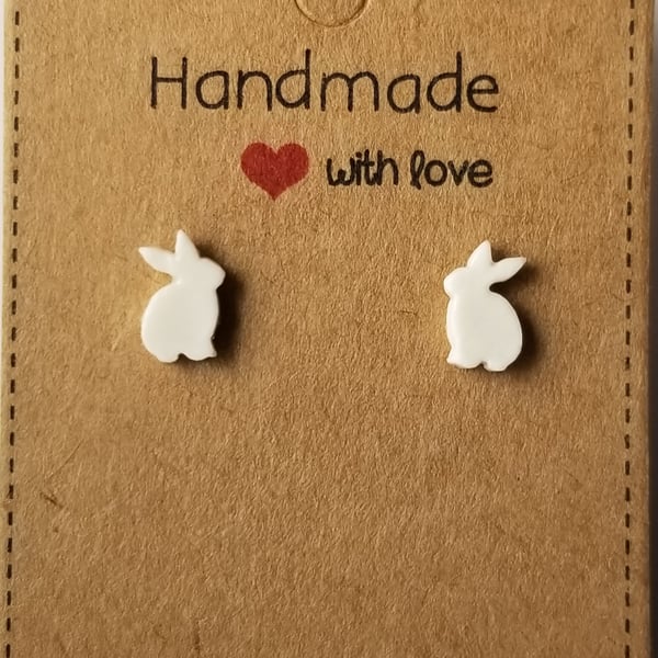 Earrings Rabbit White Stud Ceramic Sterling Silver Free UK Postage