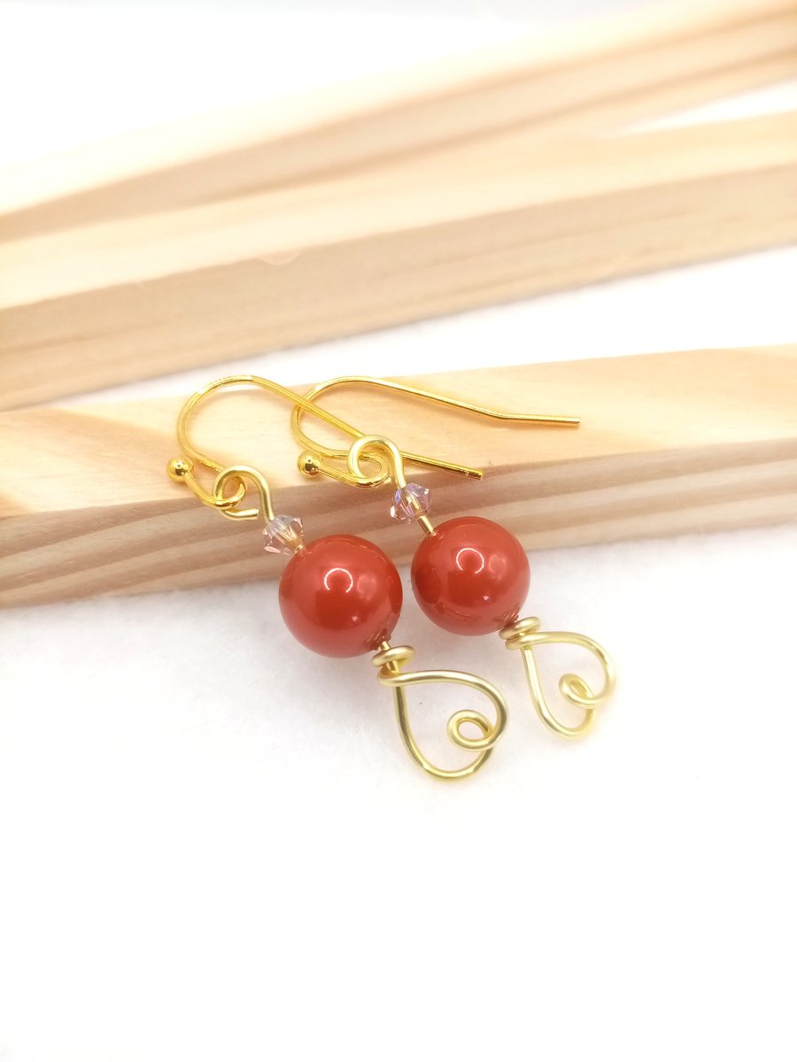 Austrian Crystal Pearl Earrings-Crystal Pearl Drop Earrings-Dark Coral Earrings