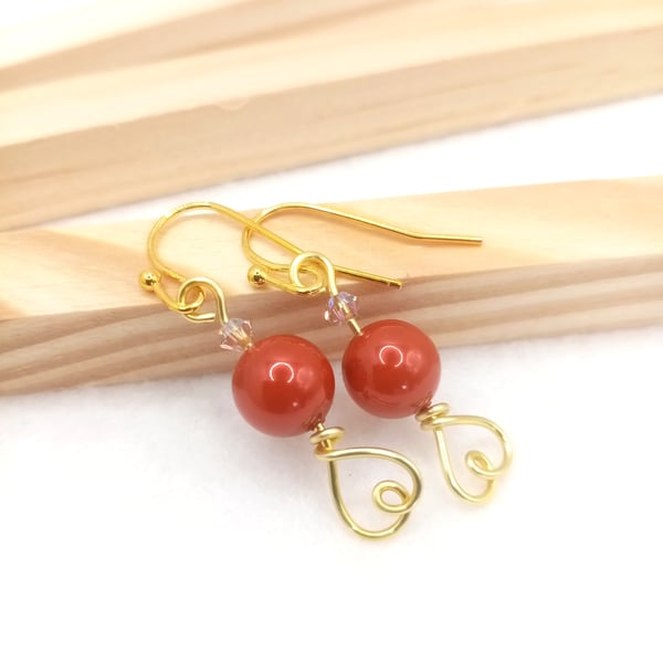 Austrian Crystal Pearl Earrings-Crystal Pearl Drop Earrings-Dark Coral Earrings