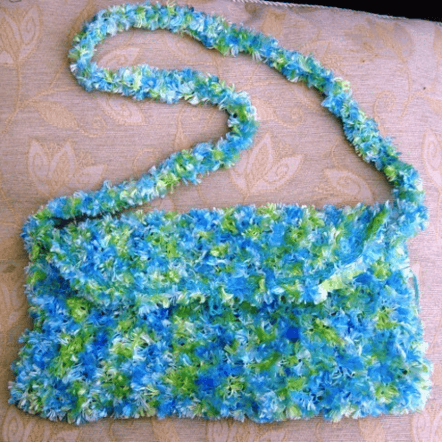 Aqua Fluffy Flop Hand Knitted & Crocheted Handbag, Aqua bead detail