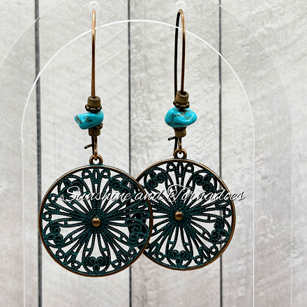Bronze Filigree Earrings with Turquoise, Patina Boho Jewellery, Handmade Vintage