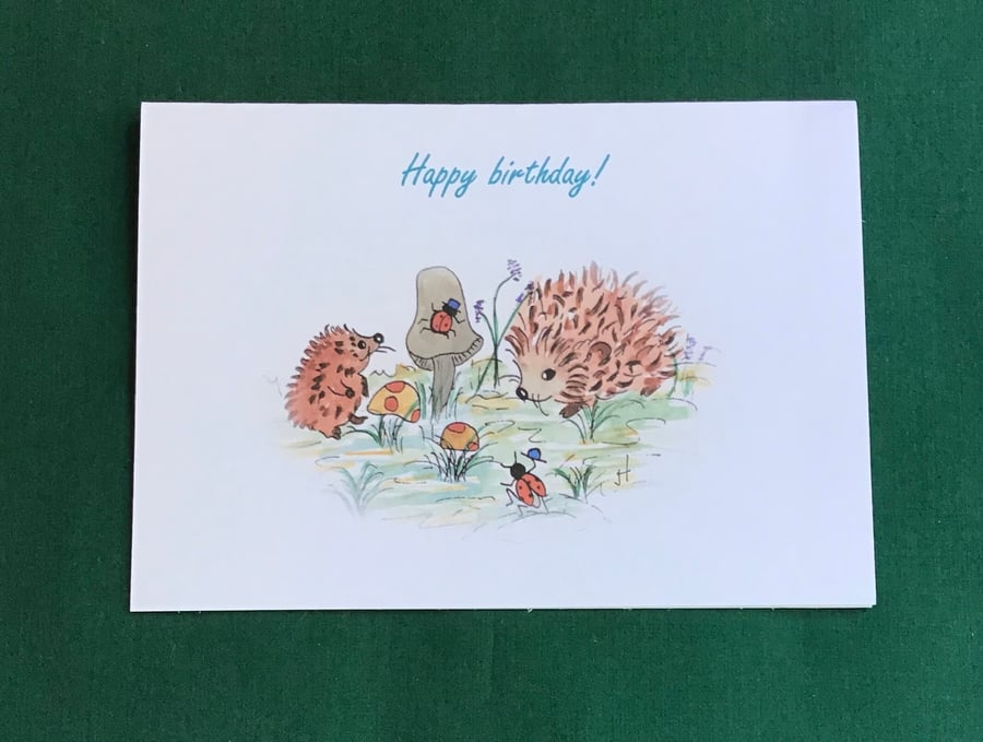 Hedgehog card, Hand painted, Happy birthday,Toadstool, Water colour,