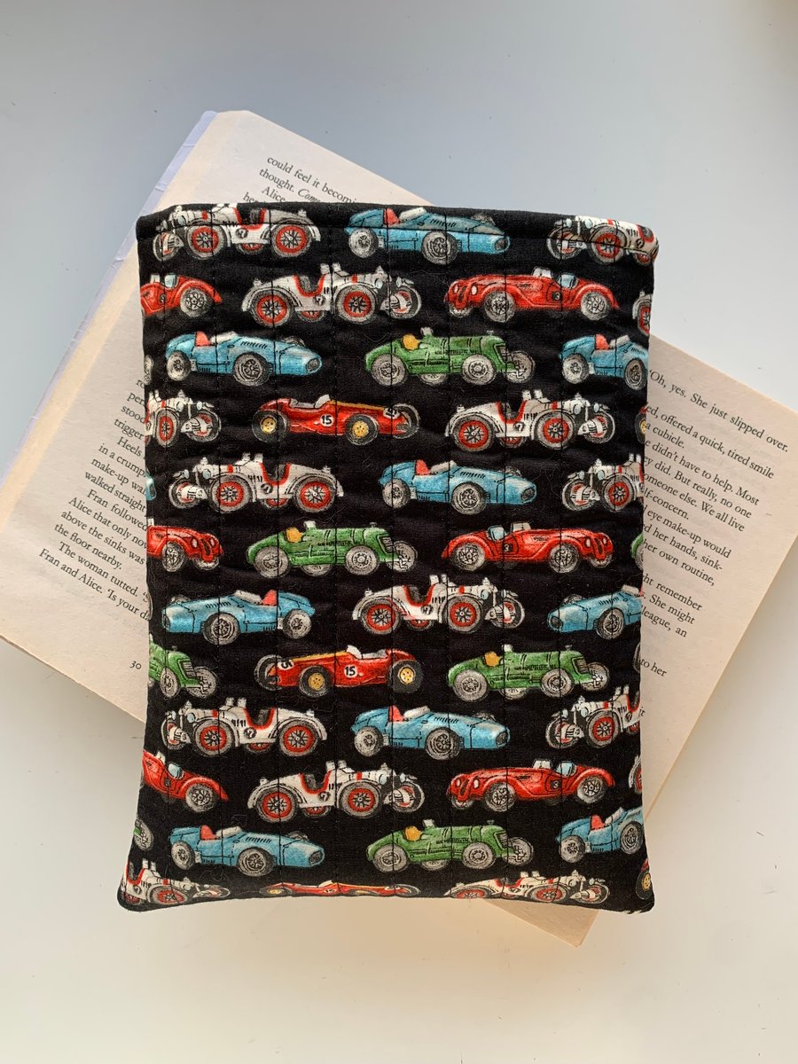 Classic Racing Cars Print Quilted Fabric Book Sleeve - Paperback Size