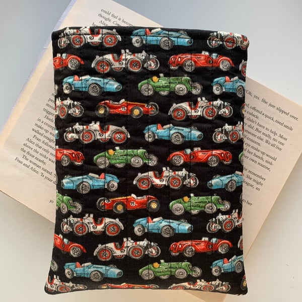 Classic Racing Cars Print Quilted Fabric Book Sleeve - Paperback Size