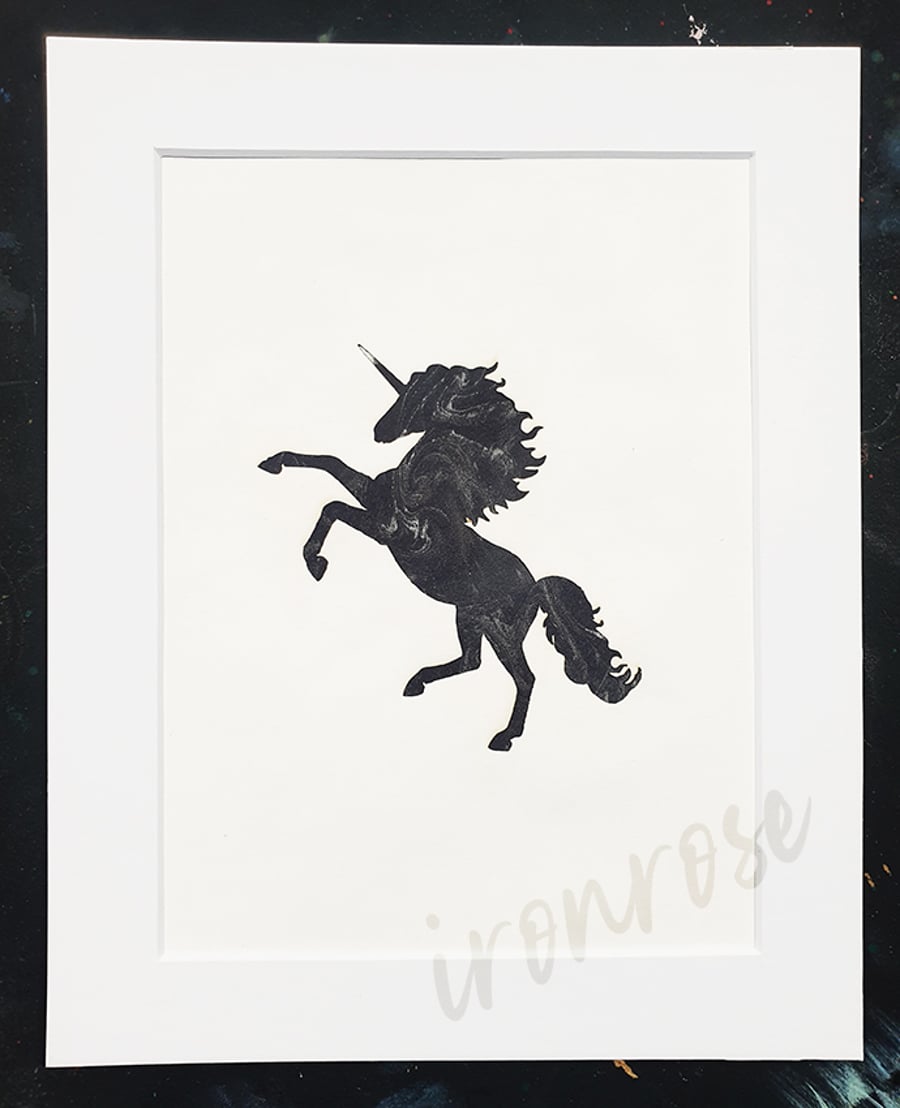Black Silver Celestial Unicorn art - 10 x 8"