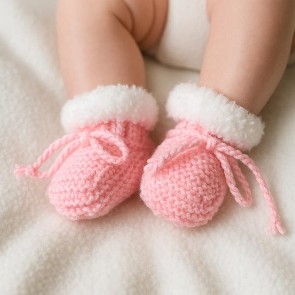 Hand knitted baby pink booties with white faux fur trim 