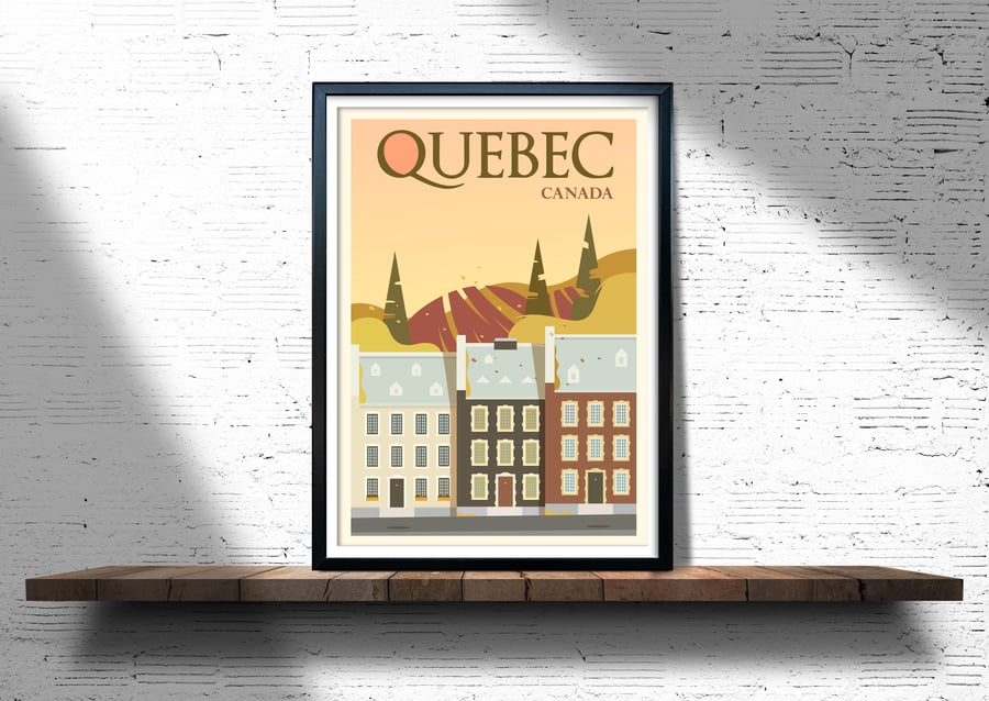 Quebec retro travel poster, Quebec city print, Canada travel print