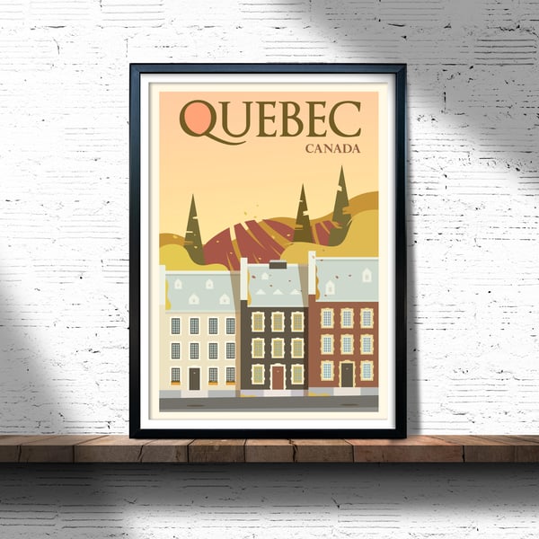 Quebec retro travel poster, Quebec city print, Canada travel print