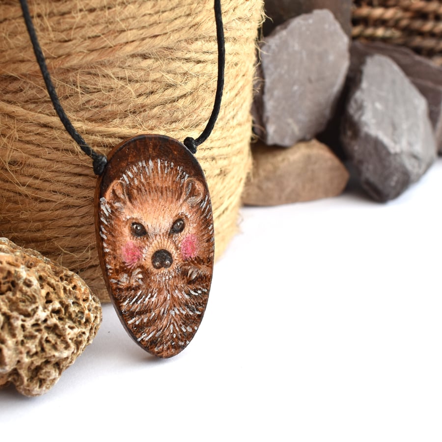 Cute hedgehog pyrography wooden oval pendant. British wildlife, wood anniversary