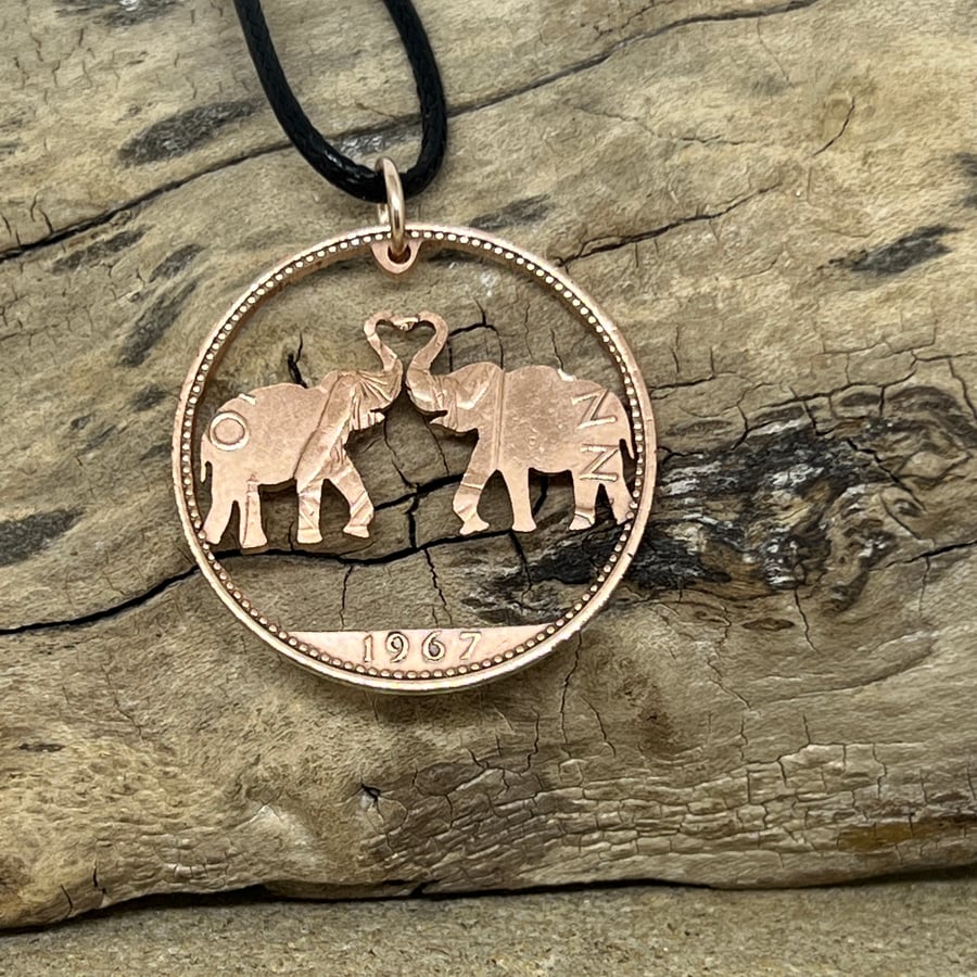 Elephants kissing Handcut Penny Coin necklace