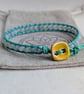 Amazonite and mint green leather bracelet with yellow button  - Image 2
