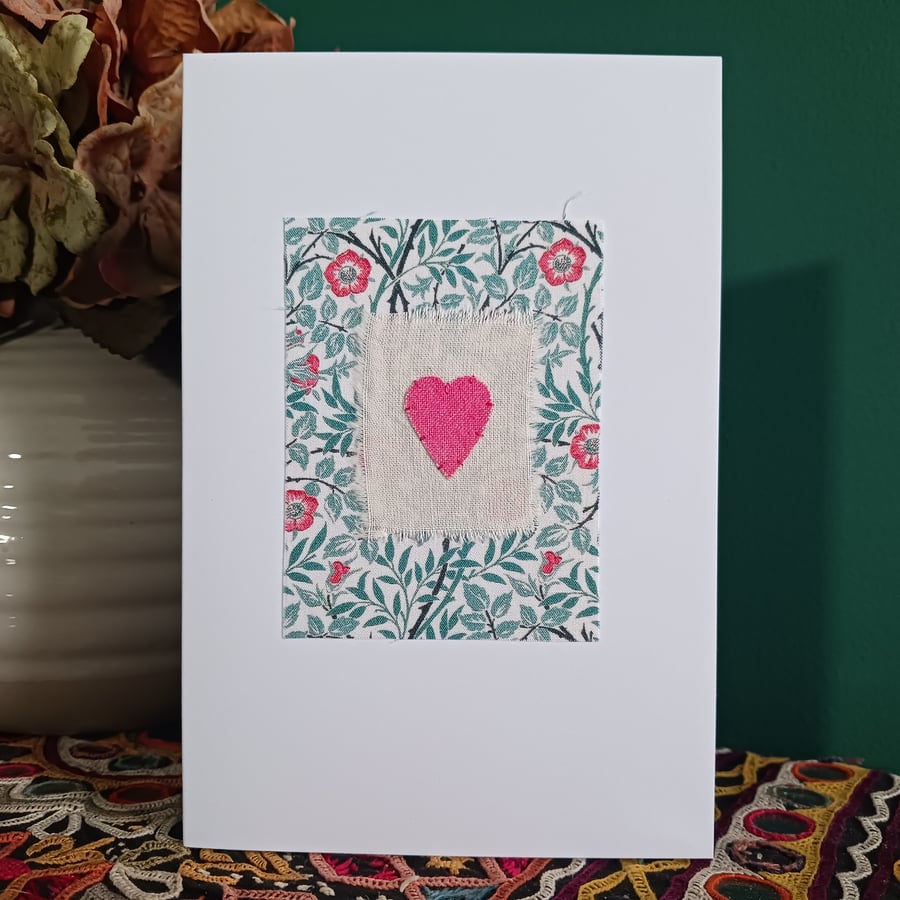 William Morris Sweet Briar Fabric Hand Stitched Card with Hand Painted Heart