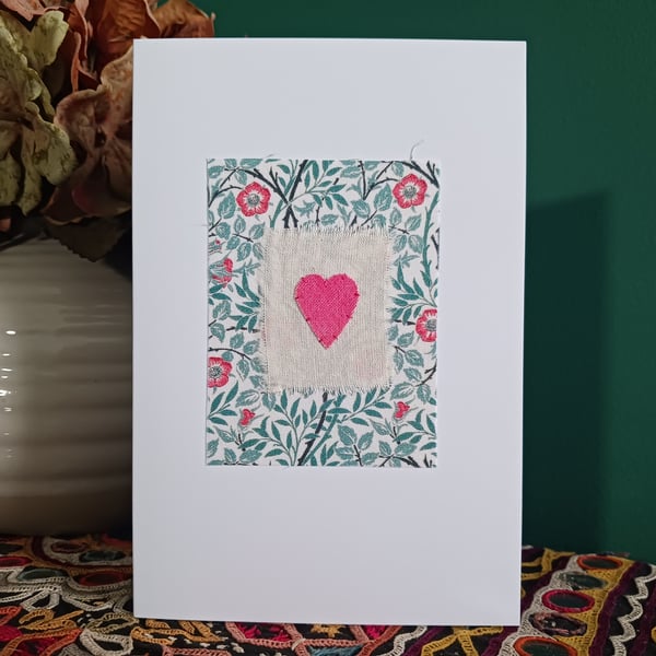 William Morris Sweet Briar Fabric Hand Stitched Card with Hand Painted Heart