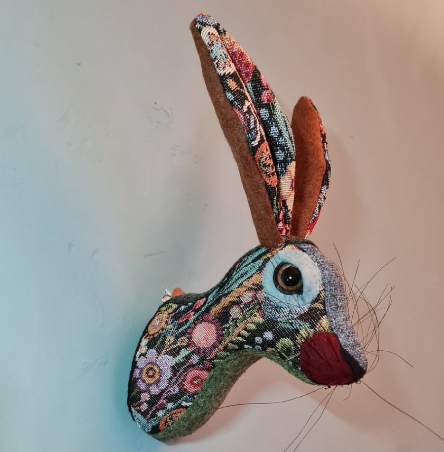 Faux hare head wall mount in floral tapestry fabric- Willow