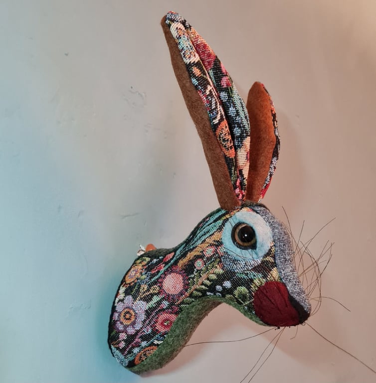 Faux hare head wall mount in floral tapestry fabric- Willow