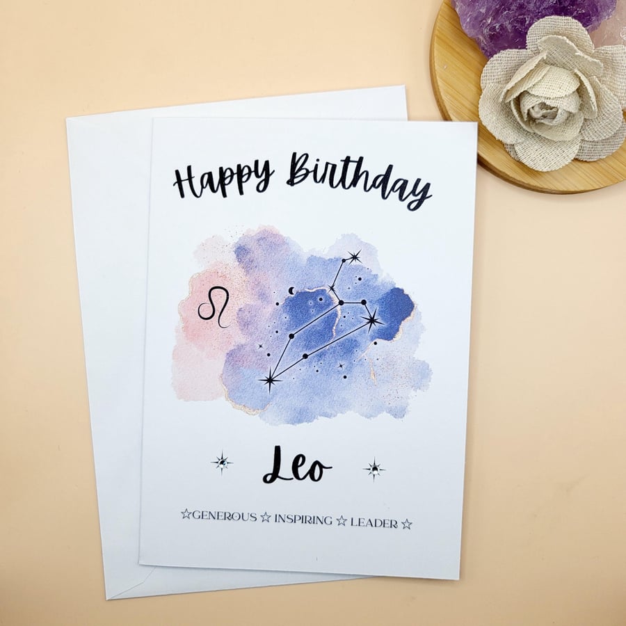 Leo Star Sign Birthday Card, Watercolour Design Print, Zodiac Style