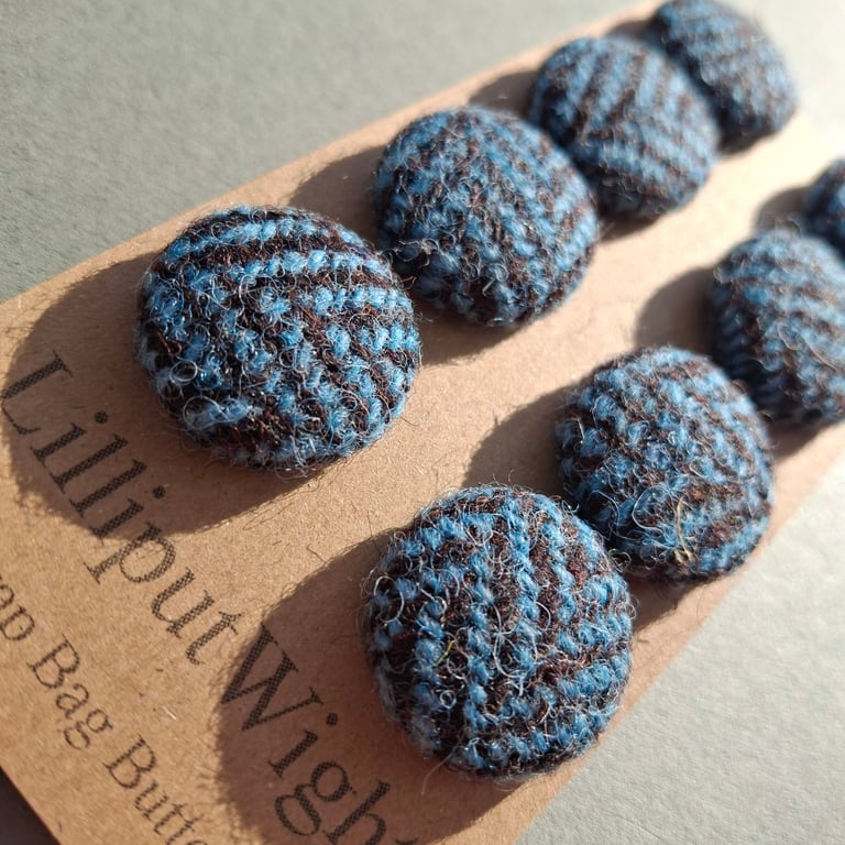 Set of eight scrap bag buttons - teal and black Harris Tweed