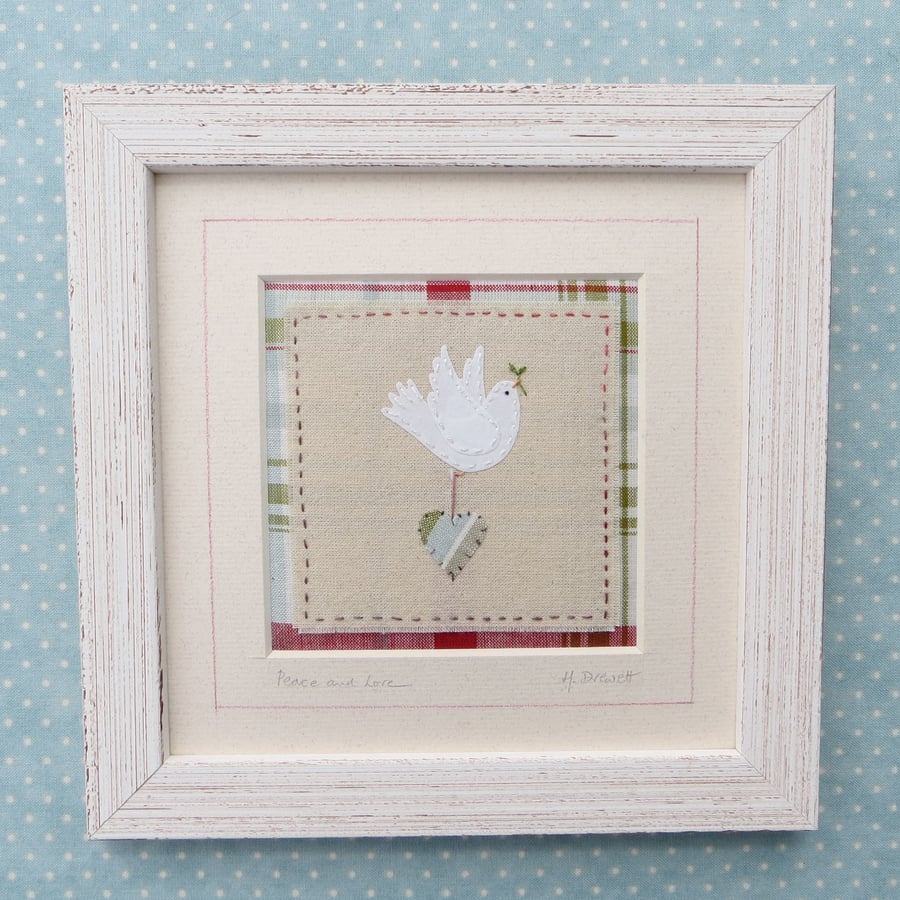 Peace and Love framed hand-stitched miniature textile, REDUCED PRICE item