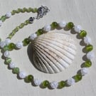 Crackled Clear Quartz & Green Peridot Gemstone Statement Beaded Necklace