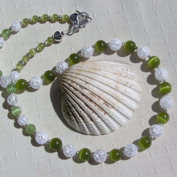 Crackled Clear Quartz & Green Peridot Gemstone Statement Beaded Necklace