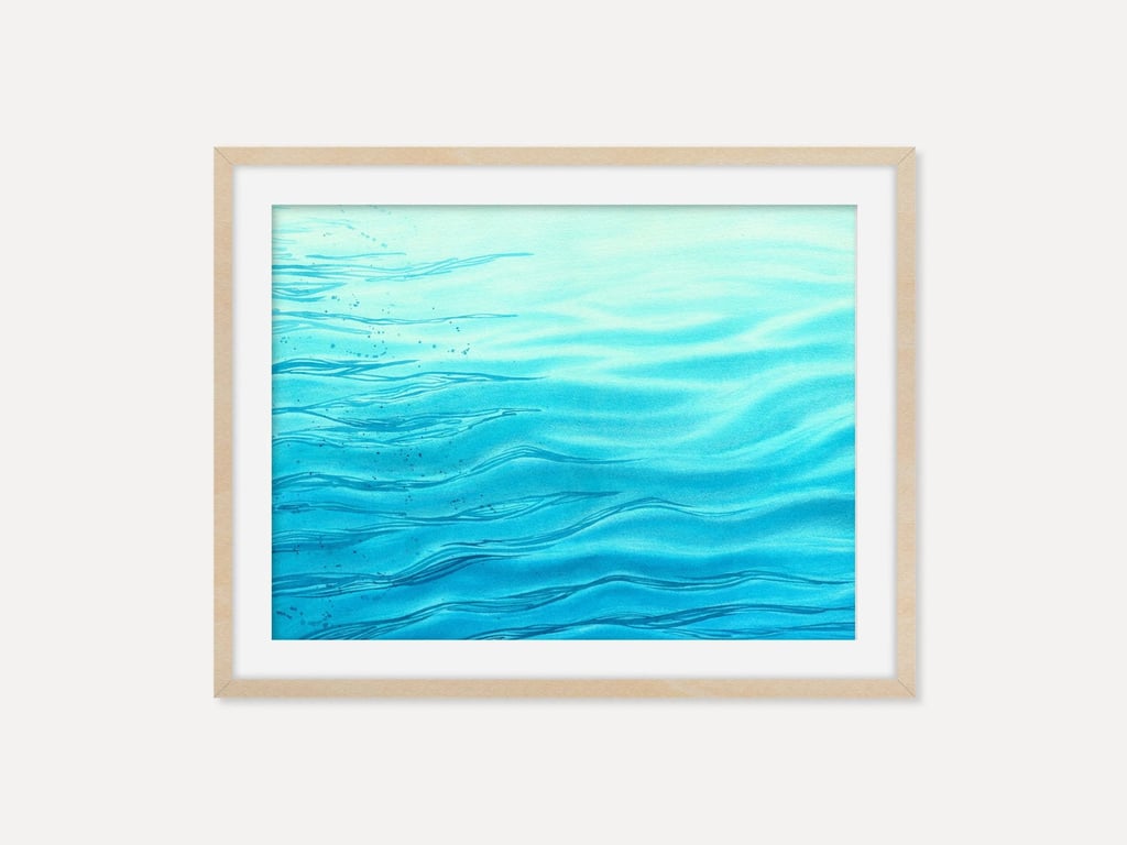 Calm Blue Ocean Waves Fine Art Print, Coastal Watercolor Wall Art Poster