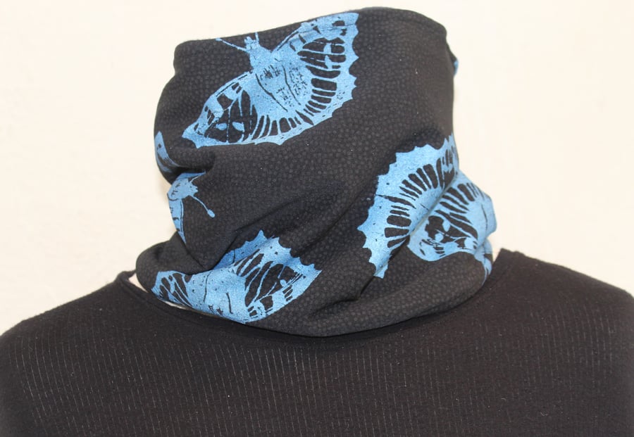 Black Neck warmer,Handmade fleece lined blue butterfly hand print,Eco scarf gift