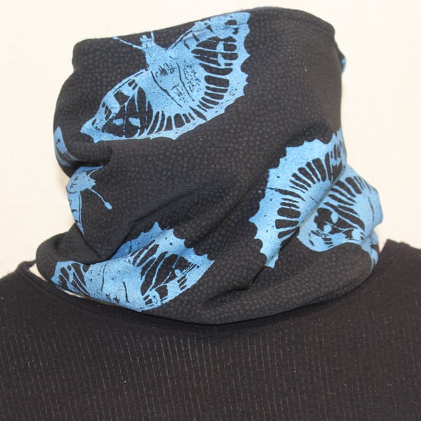Black Neck warmer,Handmade fleece lined blue butterfly hand print,Eco scarf gift