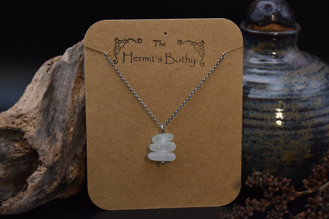 Stacked Sea Glass and Recycled Sterling Silver Necklace, White & Pale Seafoam