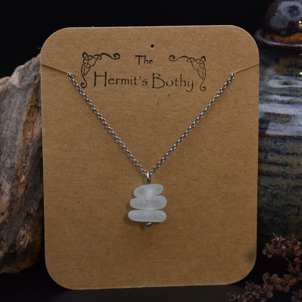 Stacked Sea Glass and Recycled Sterling Silver Necklace, White & Pale Seafoam