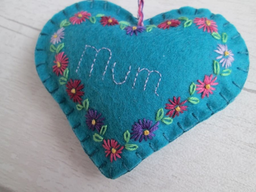 'Mum' Turquoise Felt Keepsake Heart Hand Embroidered with Pink Purple Daisies