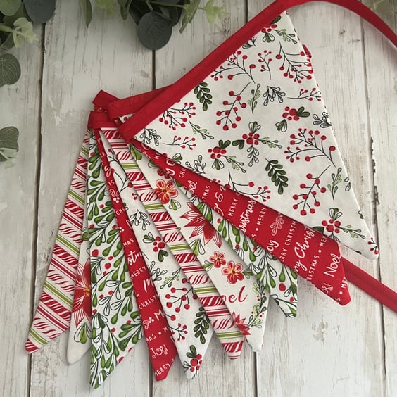 Handmade Fabric Bunting 10 Flags in Red, White & Green Christmas Design