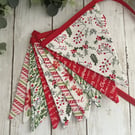 Handmade Fabric Bunting 10 Flags in Red, White & Green Christmas Design