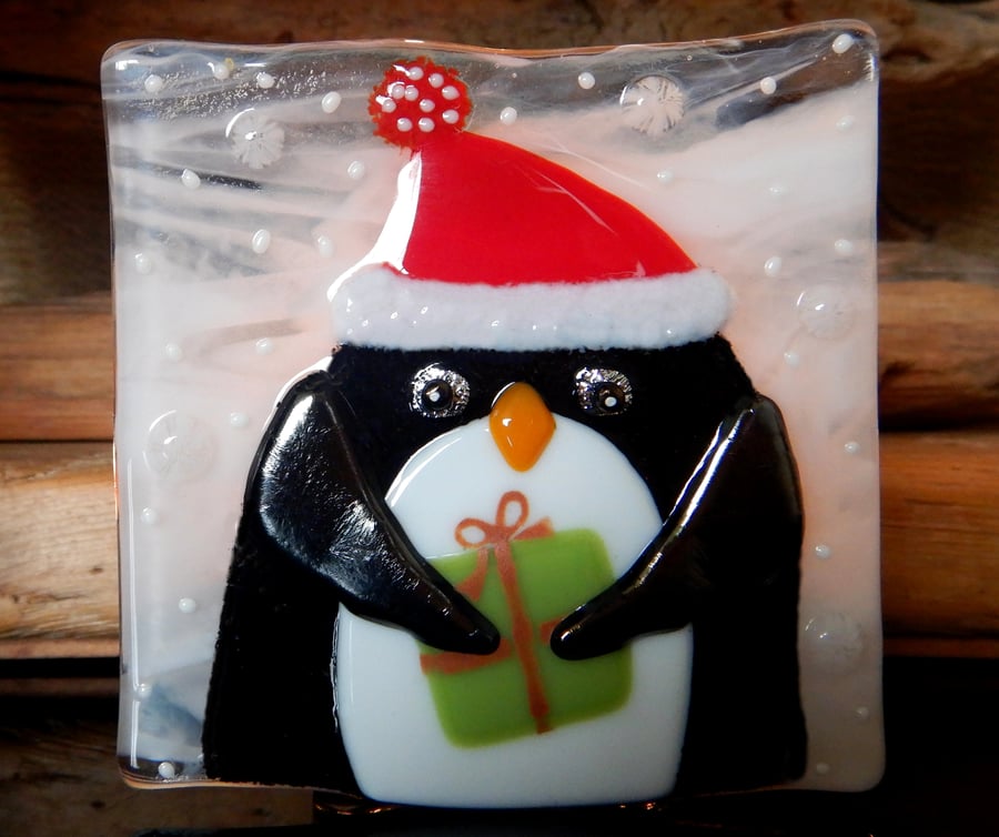 Handmade Fused Glass 'Christmas Penguin' T Light Holder