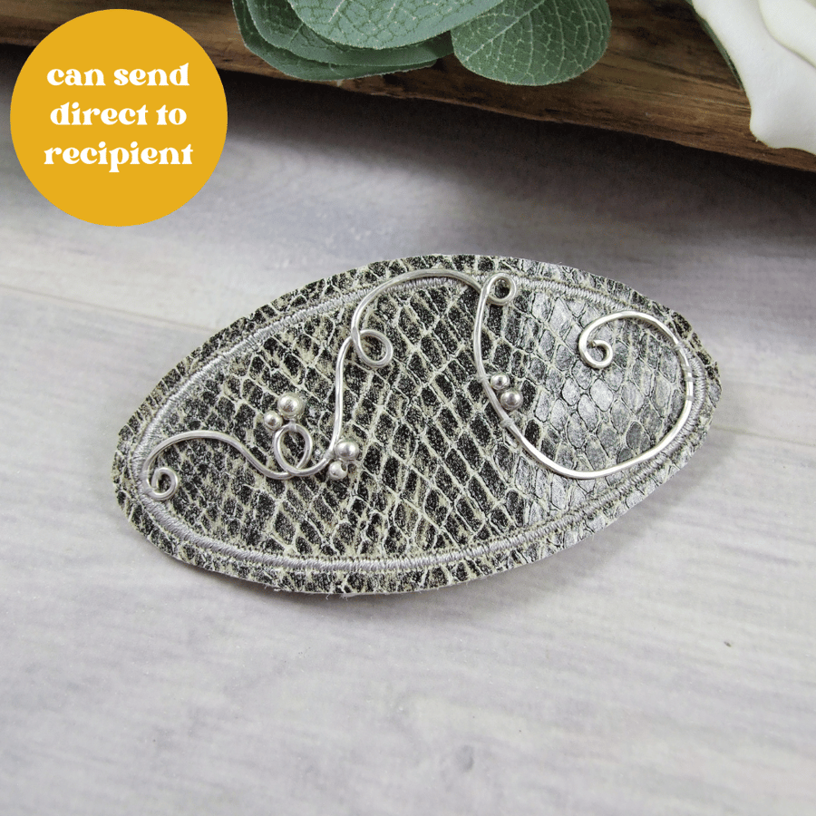 Hair Barrette with Sterling Silver Embellishments. Grey