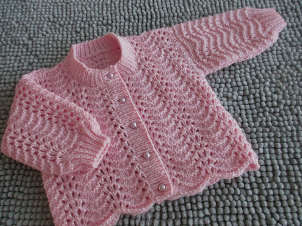 18" Round Neck Feather and Fan Patterned Baby Girls Cardigan 