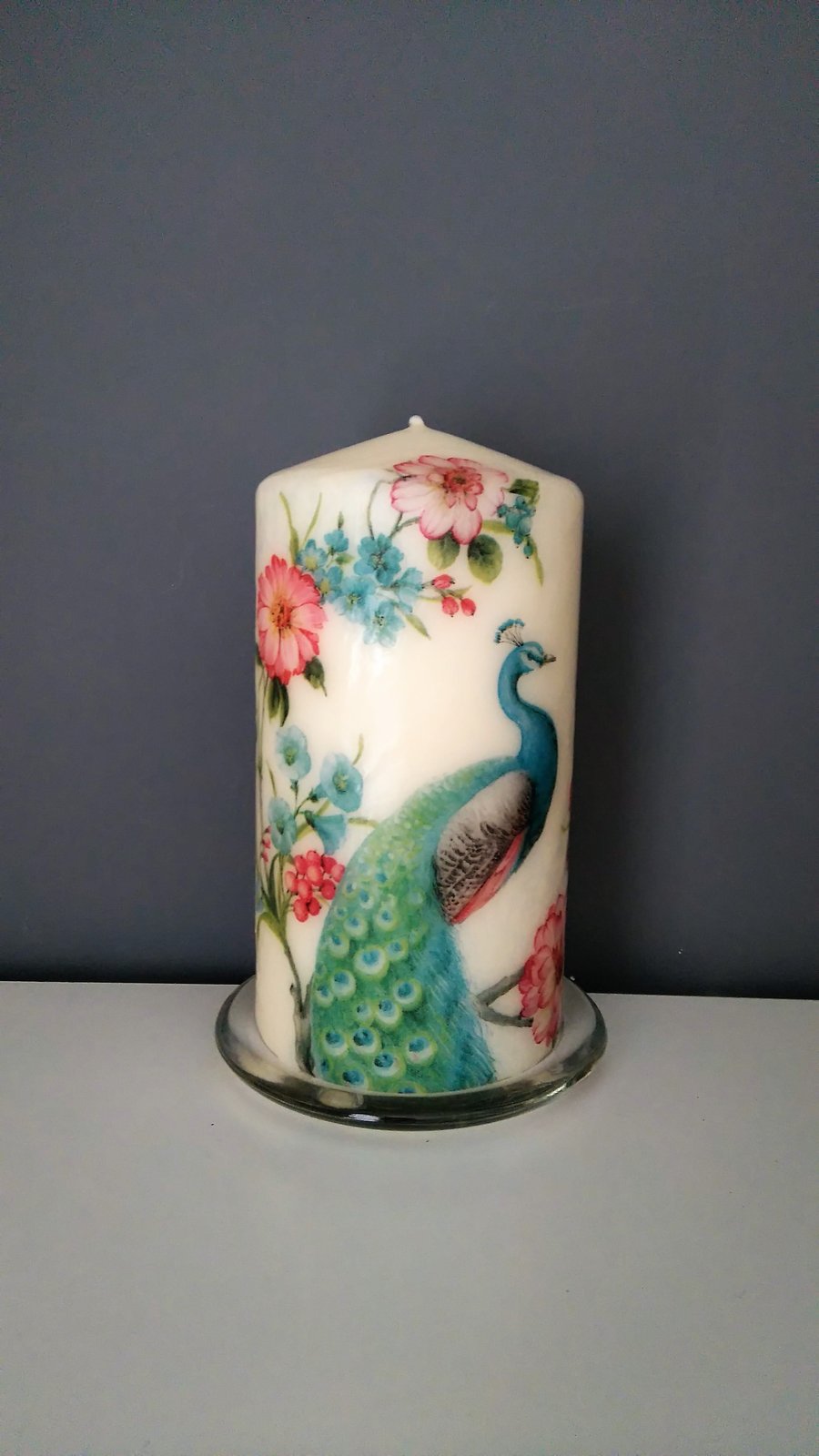 floral peacock candle