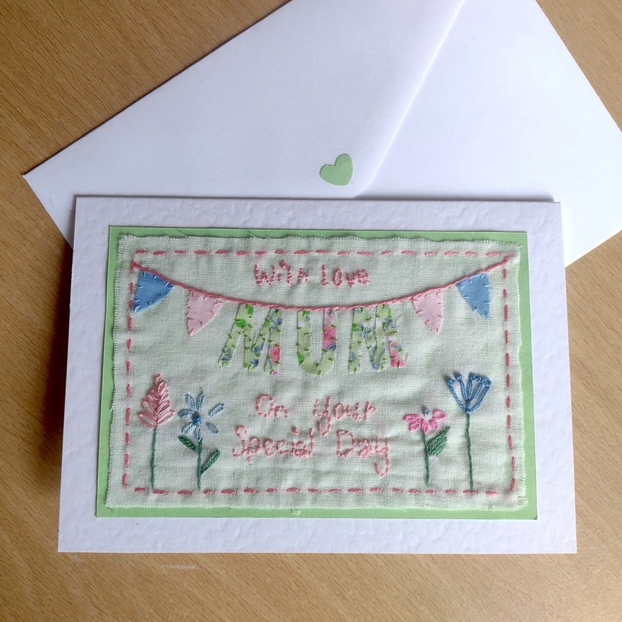 Fabric MUM Bunting Card - Hand-Stitched - Textile Card - Birthday - Frameable