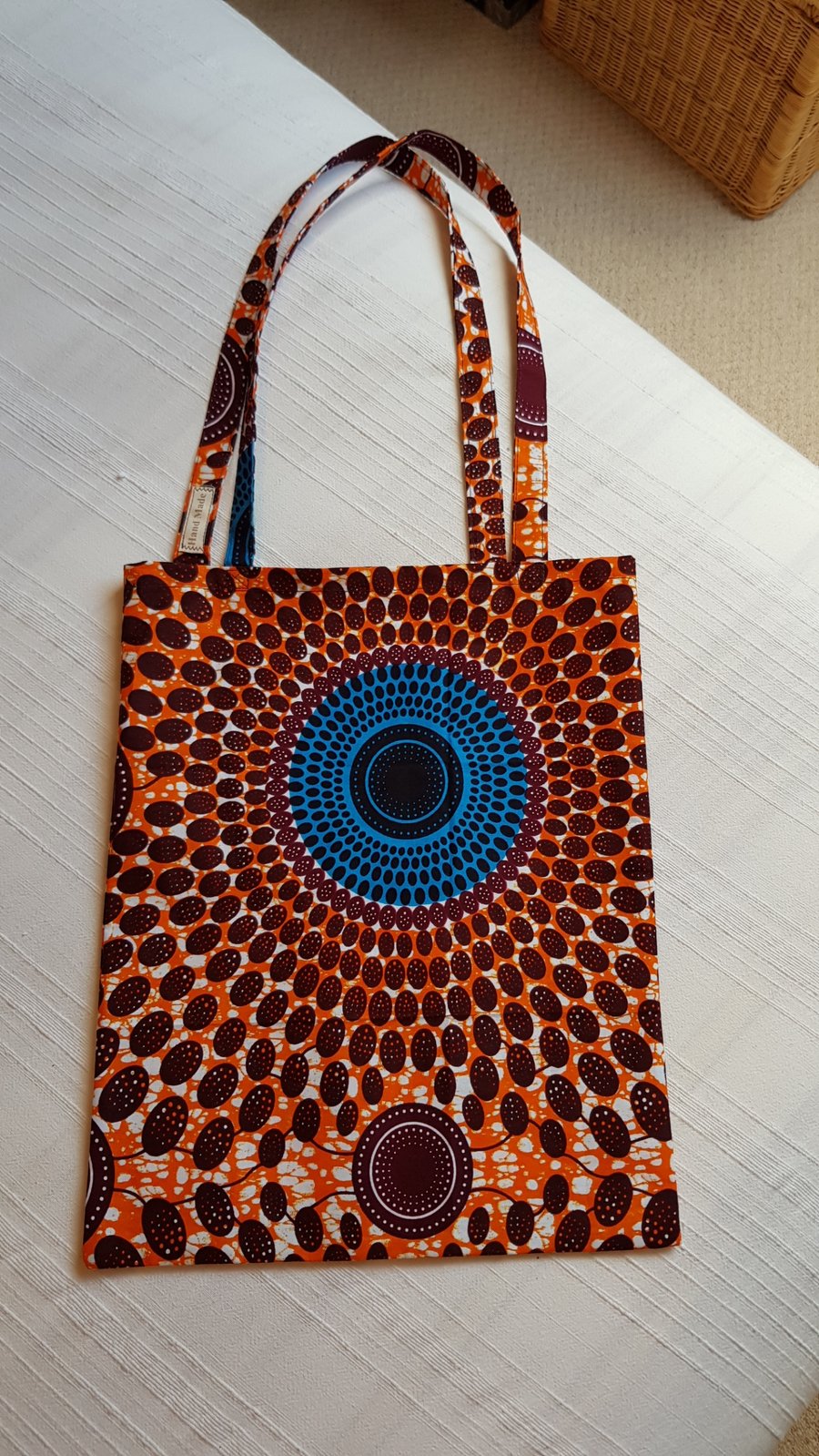African fabric tote bag: orange and blue circle 