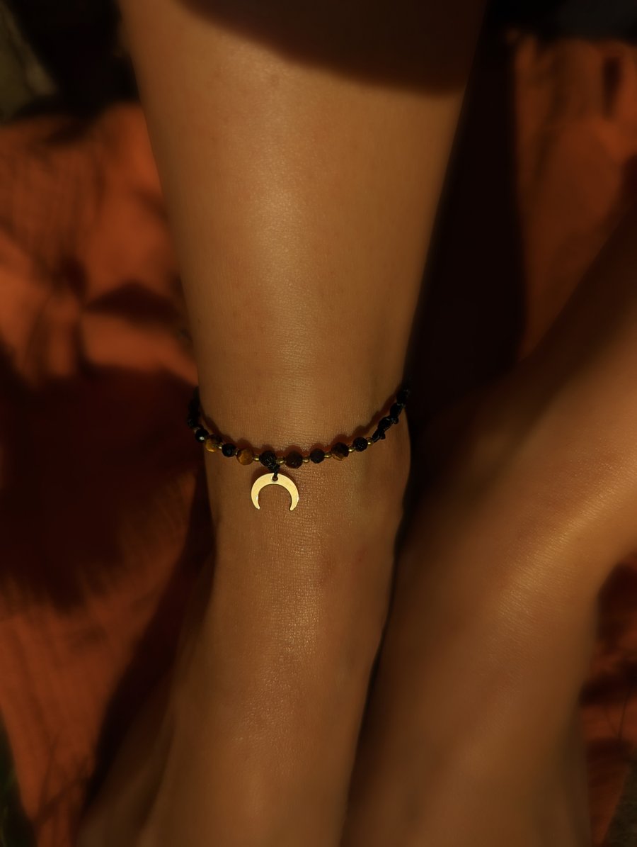 Moon adjustable anklet with Tourmaline and Tiger Eye