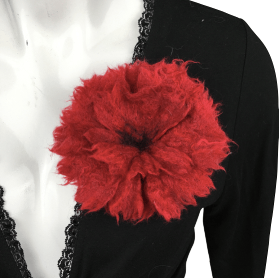Felted flower brooch, corsage, red