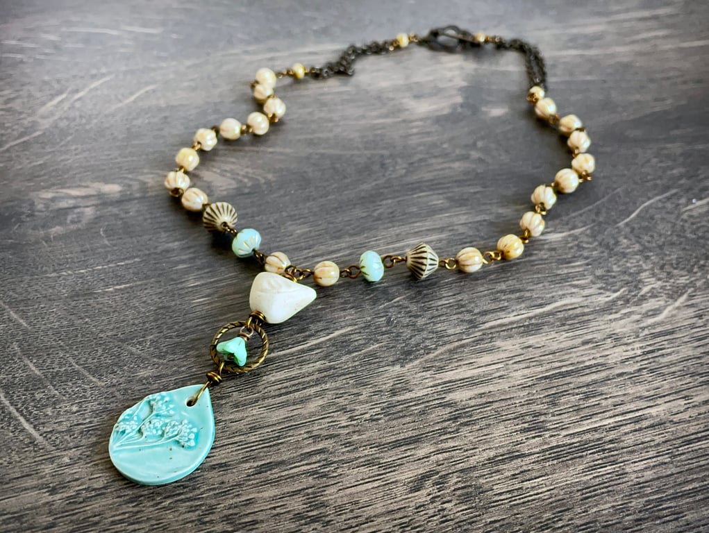 Whimsical Ceramic Bird Necklace - Handmade Wildflower Pendant with Czech Glass