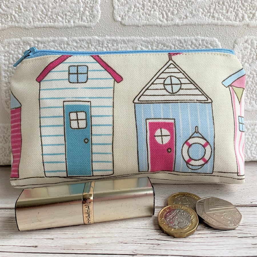 Large purse, coin purse with two blue and pink beach huts
