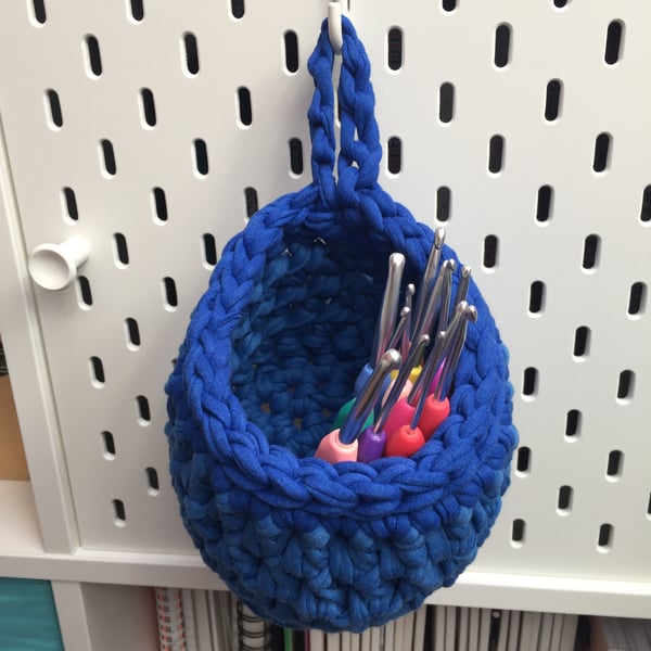 Small crochet hanging basket, pegboard basket - two-tone blue