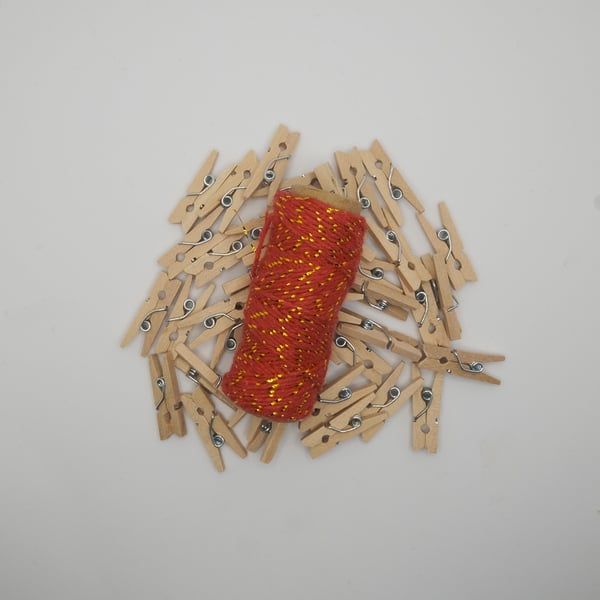 Destash- Red and Gold Metallic Twine with Mini Pegs