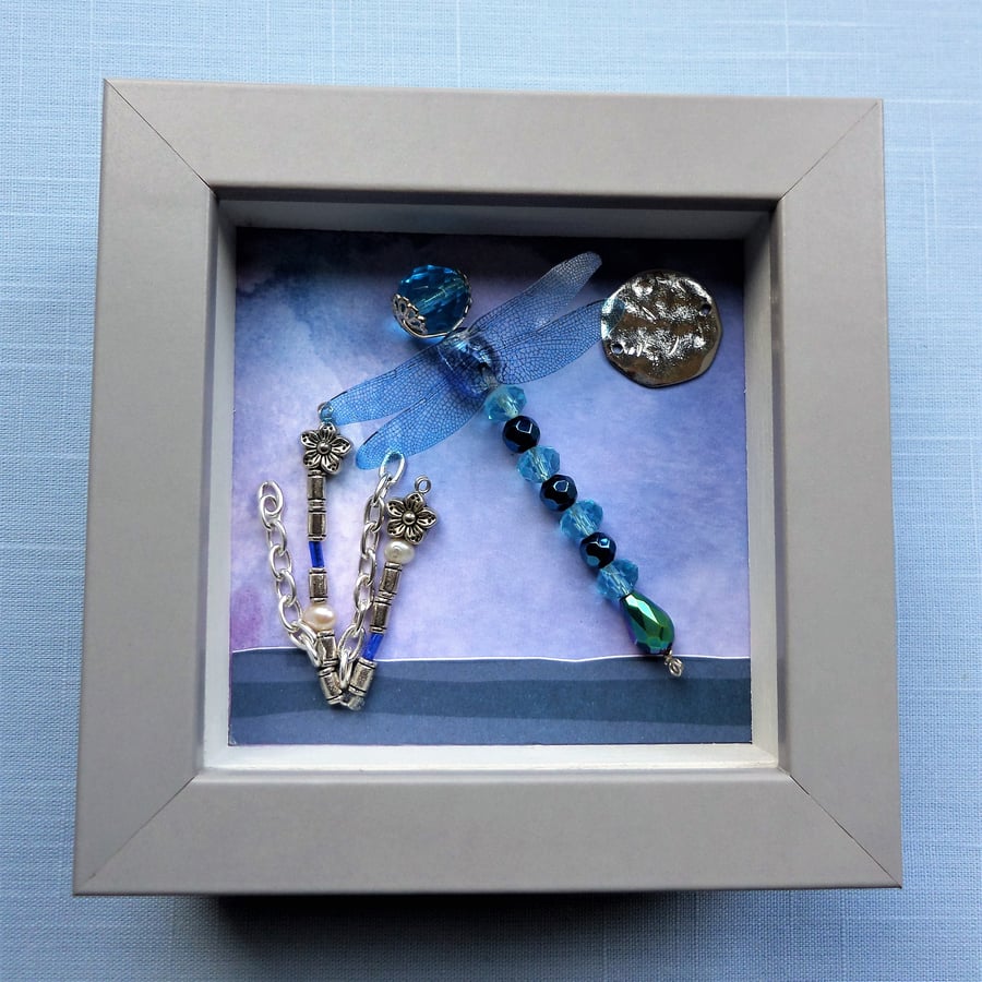 Mini Turquoise Beaded Dragonfly Box Frame