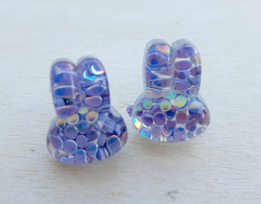 Kitsch bunny glitter resin stud earrings lilac