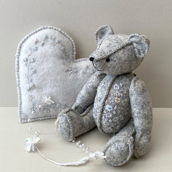 Collectable artist bear and heart, hand embroidered teddy bear with love heart 